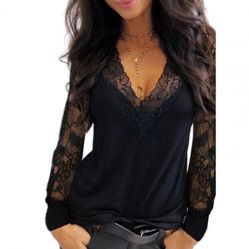 Deep V Neck Lace Trim T shirt