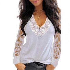 Deep V Neck Lace Trim T shirt