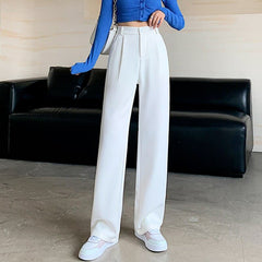 High Waist Floor Length Suits Pants Autumn Winter White Loose Wide Leg Pants Female Office Ladies Straight Long Trousers