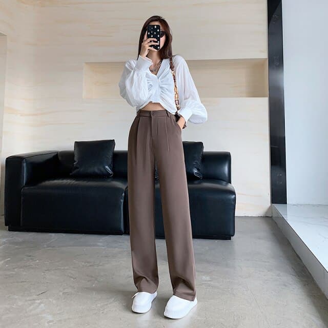 High Waist Floor Length Suits Pants Autumn Winter White Loose Wide Leg Pants Female Office Ladies Straight Long Trousers