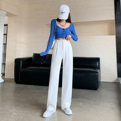 High Waist Floor Length Suits Pants Autumn Winter White Loose Wide Leg Pants Female Office Ladies Straight Long Trousers