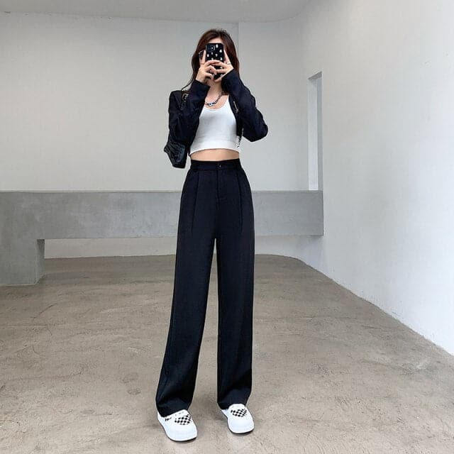 High Waist Floor Length Suits Pants Autumn Winter White Loose Wide Leg Pants Female Office Ladies Straight Long Trousers