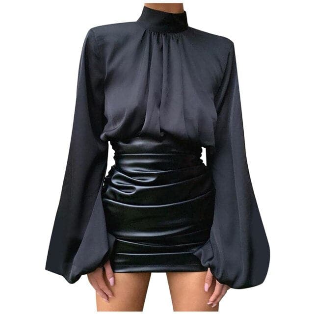 Solid Color Satin O Neck Loose Fold Puff Long Sleeve Office Shirt Casual Vintage Blouse Tops
