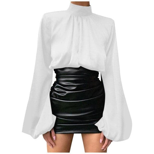 Solid Color Satin O Neck Loose Fold Puff Long Sleeve Office Shirt Casual Vintage Blouse Tops