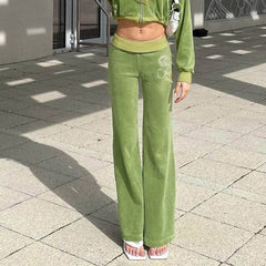 Wide Leg Pants Harajuku Green Dragon High Waist Rest Polyester Fairy Aesthetic Diamond Vintage Sweatpants Y2K Velvet