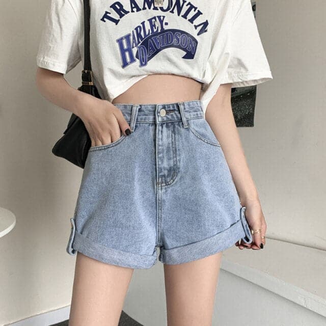 High Waist Loose Retro Blue Denim Shorts Casual Female Streetwear Wide Leg Vintage Ladies Jeans Shorts