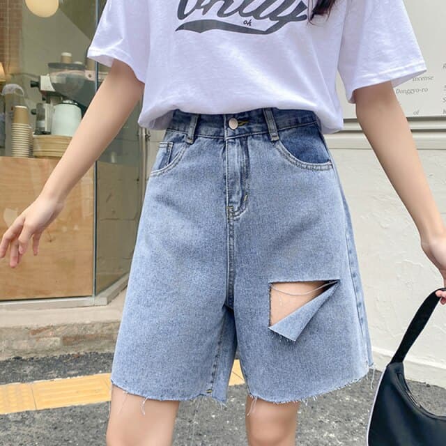 High Waist Loose Vintage Blue Denim Shorts Streetwear Female Hole Wide Leg Ladies Jeans Shorts