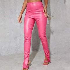 Pu Leather Pants Hollow Out Solid Color High Streetwear Party Night Clubwear Long Pencil Pants For Outfit