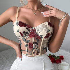 Floral Embroidered Cropped Corset Top - Apricot