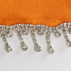 Crystal Fringe Short Sleeve Crop Top Mini Skirt Matching Set - Orange