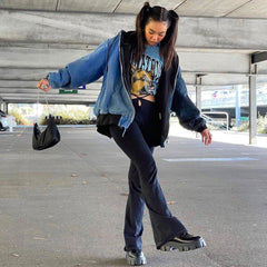 Cut Out Wide Leg Skinny Flare Pants - Black