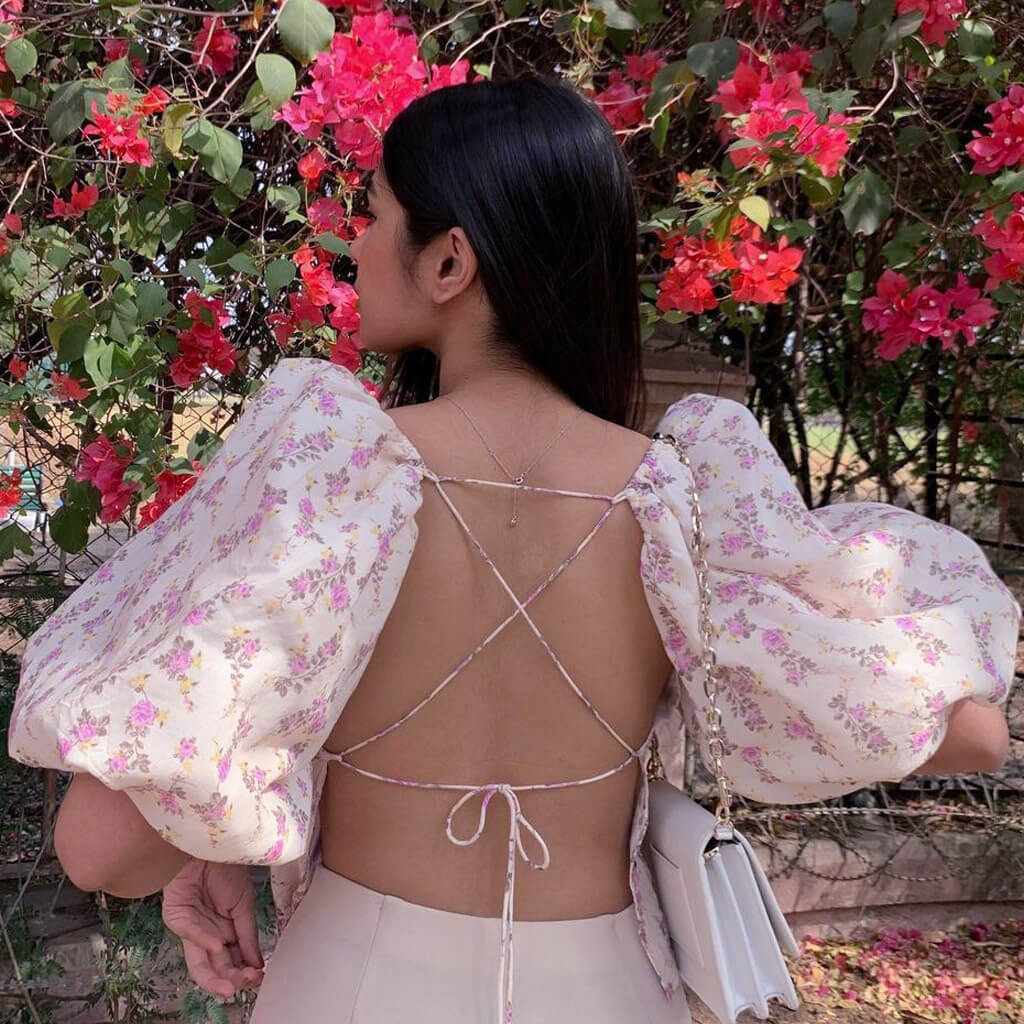 Lace Up Backless Floral Printed Puff Sleeve Crop Top - Beige