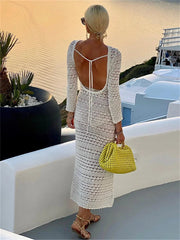 Backless Tie Up Knit Crochet Hollow Out Beach Maxi Dress