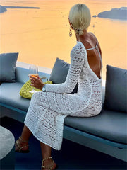 Backless Tie Up Knit Crochet Hollow Out Beach Maxi Dress