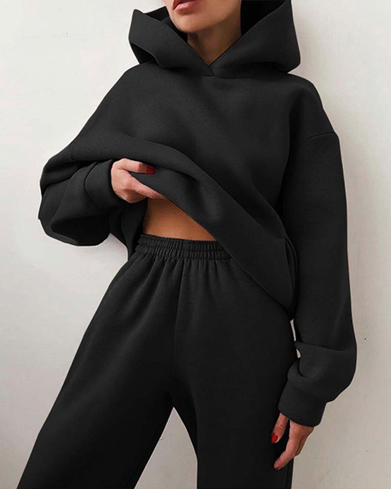 Casual Solid Color Long Sleeve Hooded Sports Suit Hoodie Sweatshirt Two Piece Set