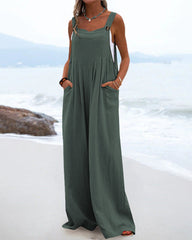 Casual Sleeveless Jumpsuits Summer Solid High Waist Wide Leg Pants Soft Rompers with Pockets
