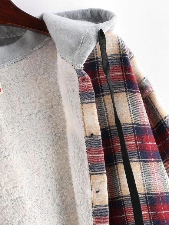 Plaid Buttoned Curved Hem Hooded Coat