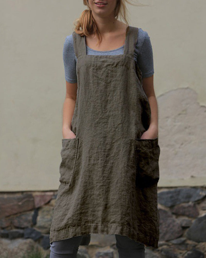 Cross Back Apron with Pockets Pinafore Dress