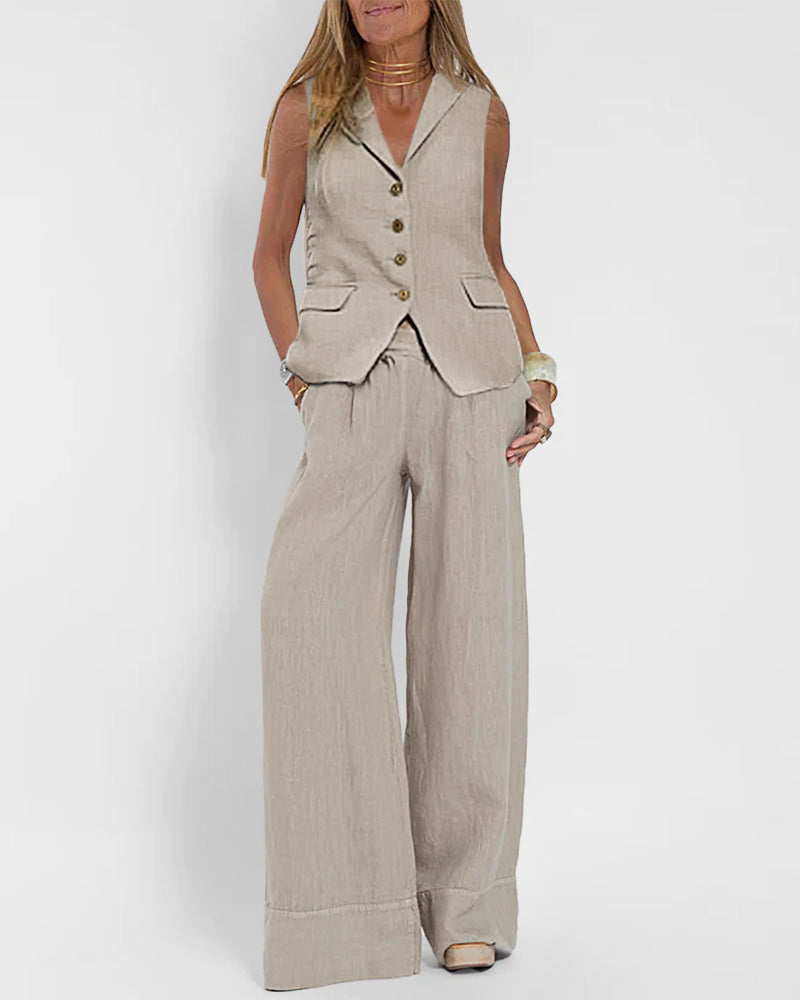 Chic Two Pieves Suits Lapel Sleeveless Vest and Wide Leg Pants Sets