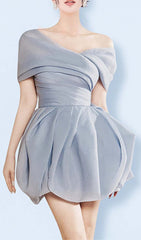 ONE SHOULDER RUCHED MINI DRESS IN GRAYISH-BLUE