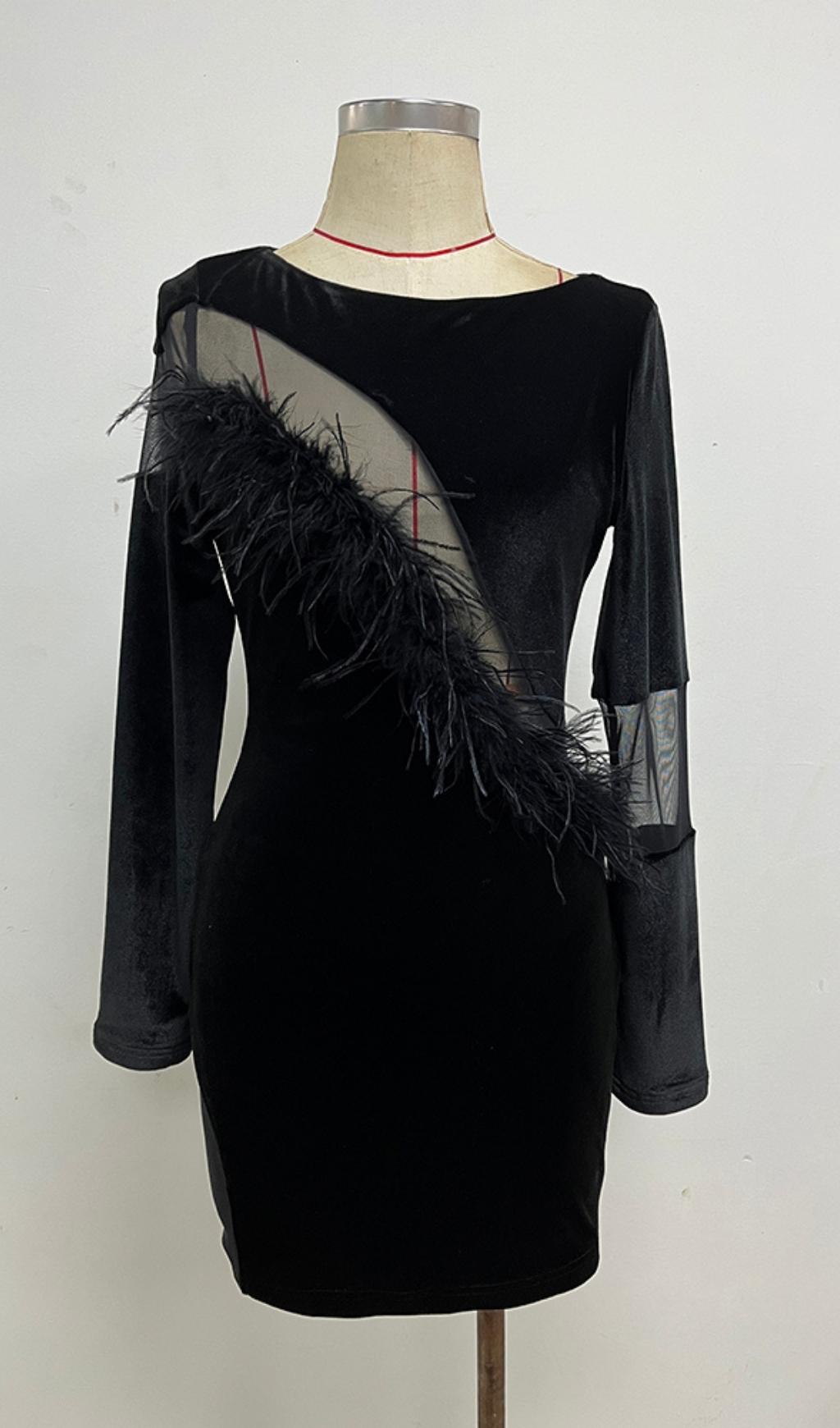 LONG SLEEVES FEATHER MINI DRESS IN BLACK