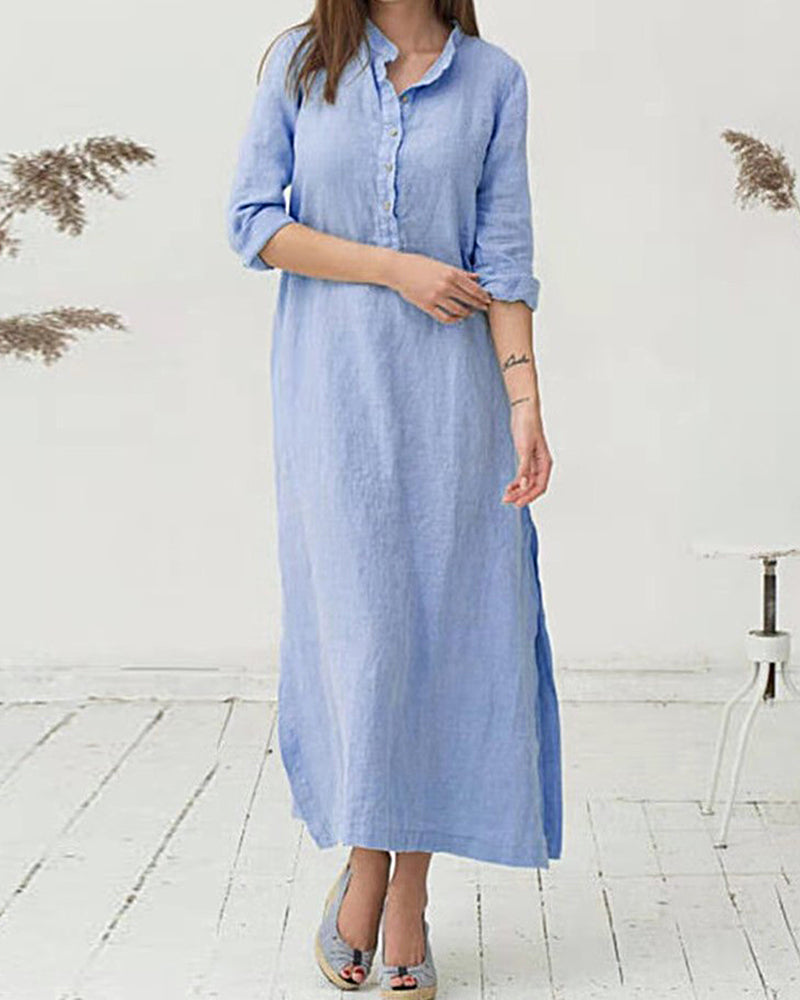 Cotton and Linen Shirt Dress Casual Long Sleeve Loose Fit Split Maxi Dresses with Pocket