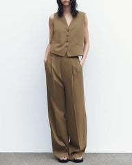 Chic Solid Color Two-piece Suits Slim Fit Sleeveless Vest Casual Wide Leg Pants Set