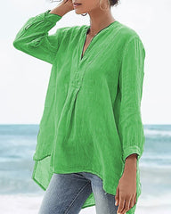Cotton and Linen Loose Baggy Plus Size V Neck Long Sleeve Beach Shirts Blouses Tops