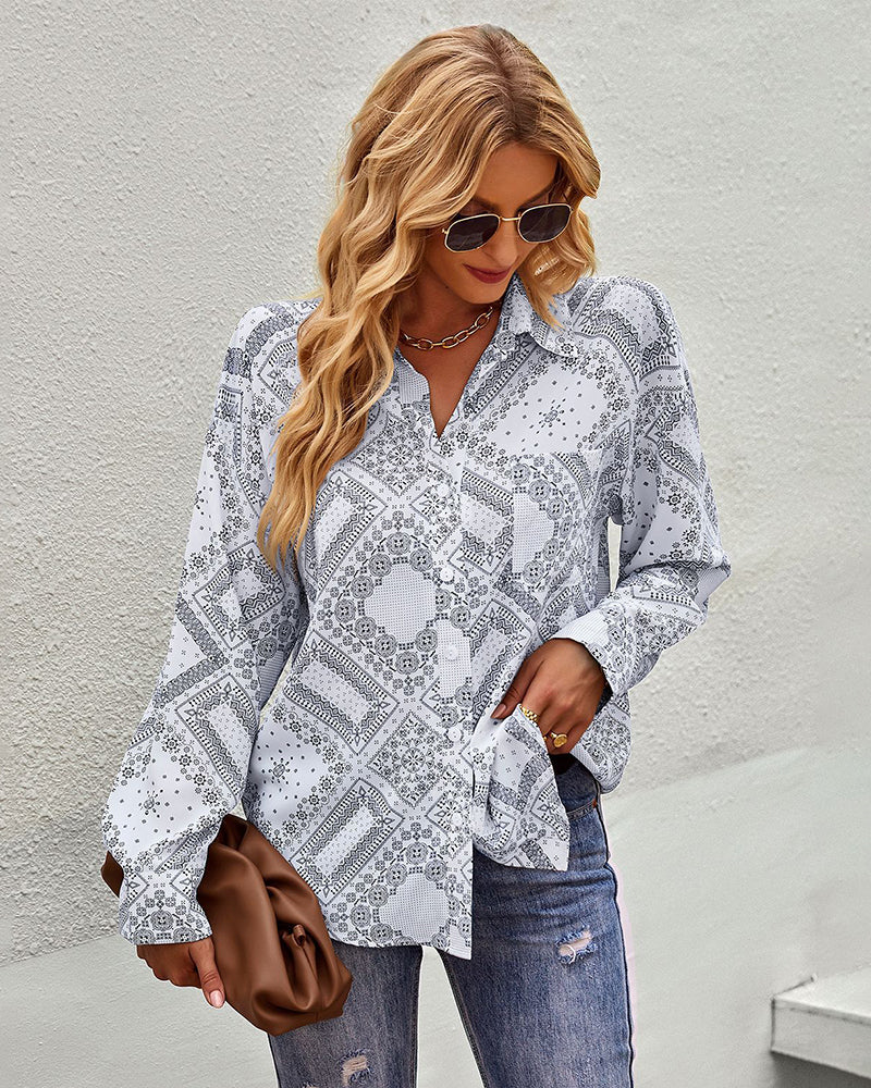Casual V Neck Roll Up Sleeve Lapel Print Button Down Shirt