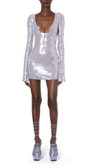 LONG SLEEVE SEQUIN MINI DRESS IN ICE LAVENDER