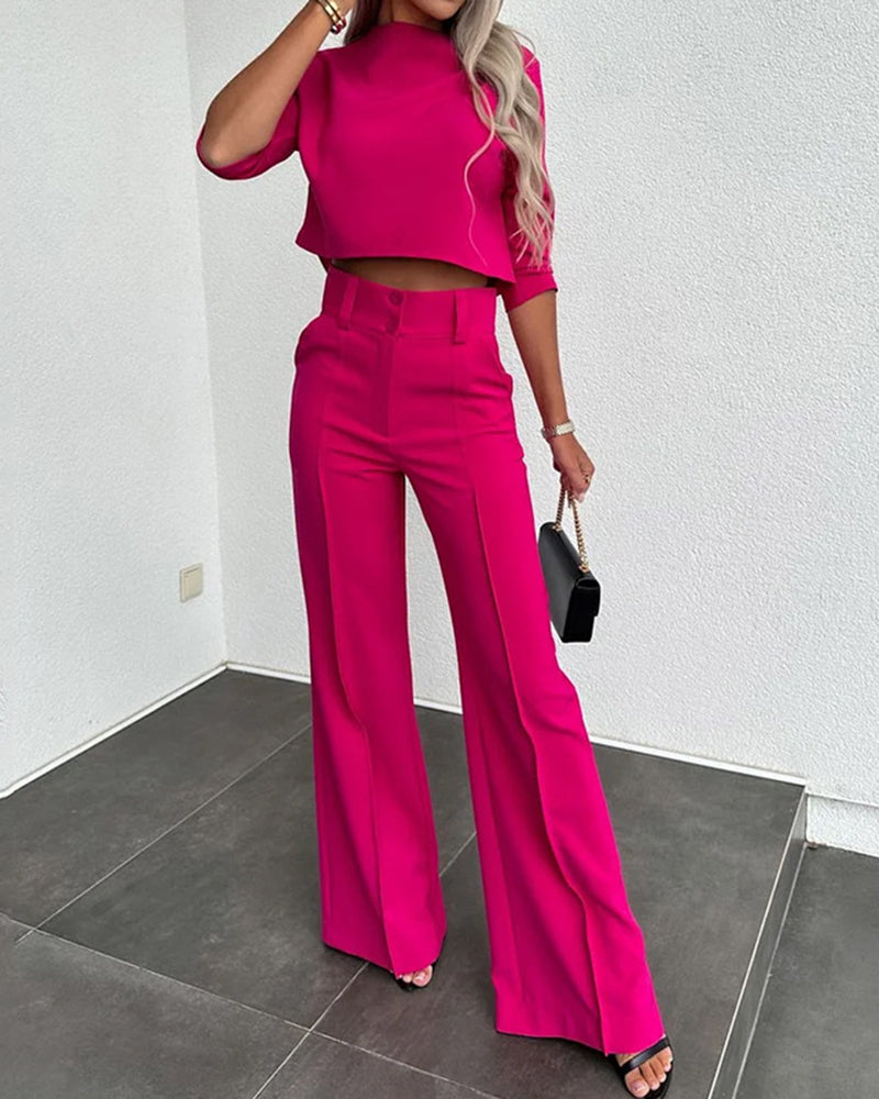 Casual Two-Piece Set Slim-Fit Half-sleeve Crop Tops and Wide-Leg Pants