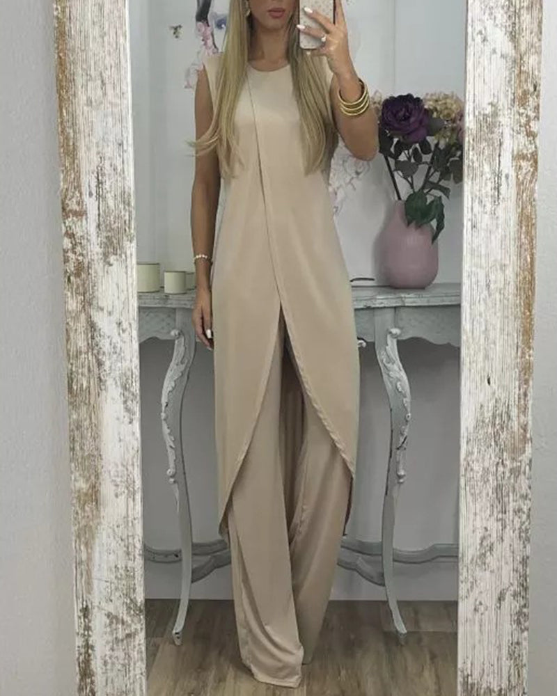 Casual Two-Piece Set: Sleeveless Loose Fit Round Neck Irregular Hem Long Top with Wide-Leg Pants