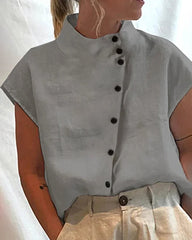 Cotton Linen Turtleneck Short Sleeve Shirt Stand Collar Button Down Casual Tops