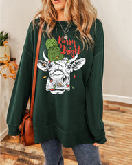 Christmas Cow Merry Bright Round Neck Casual Pullover Sweatshirt