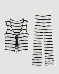 Crochet Striped Vest Top Striped Knit Pants Set