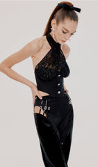 LACE STITCHING HATERNECK TUBE TOP IN BLACK