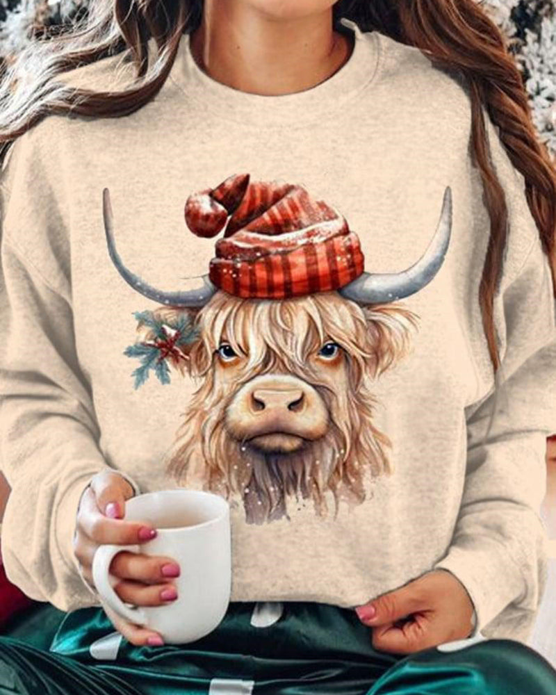 Christmas Cute Highland Cow Print Casual Sweatshirt