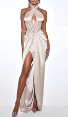 NOEMIE CHAMPAGNE CRYSTAL CORSET SATIN GOWN