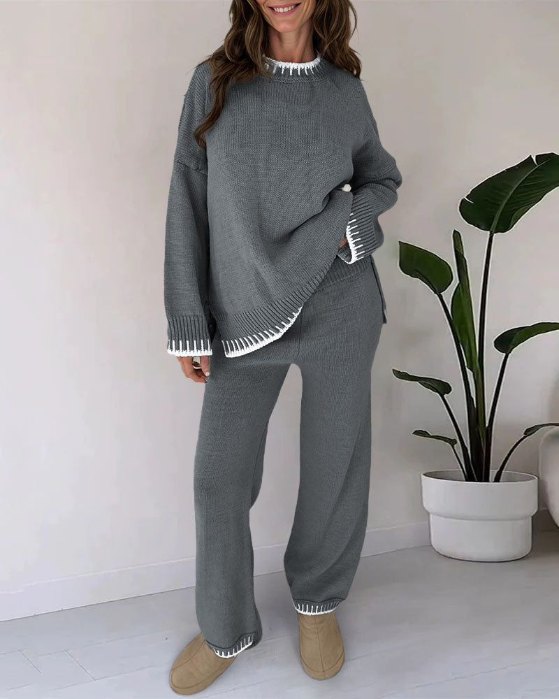 Casual Two-Pieces Outfits Contrast Trim Knitted Jumper and Trousers Sets