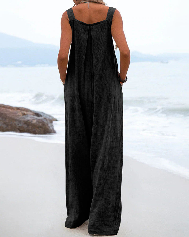 Casual Sleeveless Jumpsuits Summer Solid High Waist Wide Leg Pants Soft Rompers with Pockets