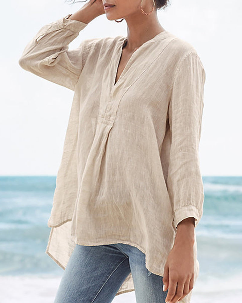 Cotton and Linen Loose Baggy Plus Size V Neck Long Sleeve Beach Shirts Blouses Tops