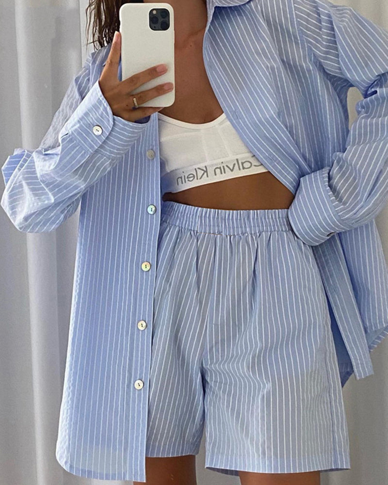 Casual Striped Long Sleeved Shirt Loose High Waist Shorts Two-piece Set