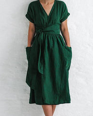 Casual V Neck Short Sleeve Pleated A-Line Midi Dresses with Pockets Split Belted Summer Dress