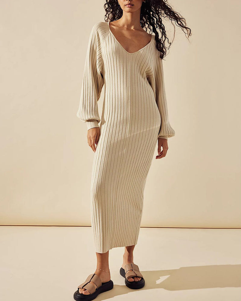 Casual Solid Color Knitted Dress V-neck Sweater Dress