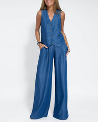 Chic Denim Two Pieces Set Sleeveless Vest And Wide Leg Pants