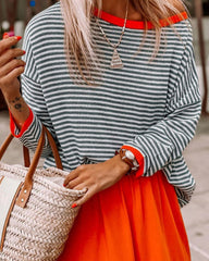 Casual V-Neck Long-Sleeve Knit T-Shirt Stripe Color Block Knit Tops