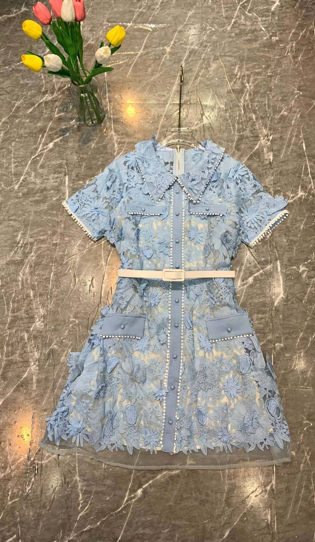 A-LINE FLORAL EMBROIDERY MINI DRESS IN BLUE