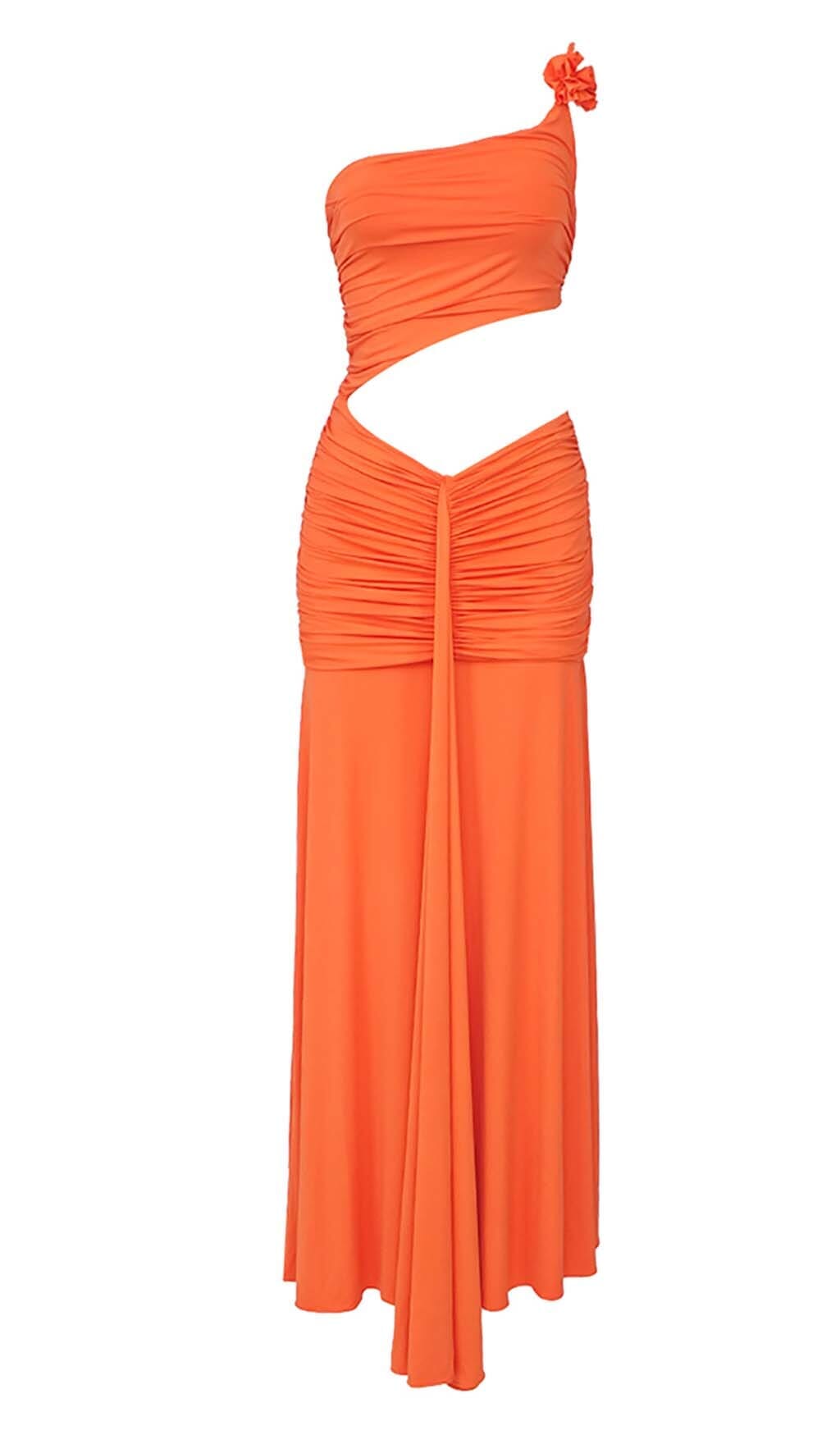 ASYMMETRIC RUCHED JERSEY MAXI DRESS IN ORANGE