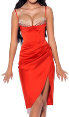 NYLA RED SATIN CORSET DRESS WITH CRYSTALS
