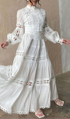 LONG PUFF SLEEVES FLARED TIERED MIDI DRESS IN WHITE